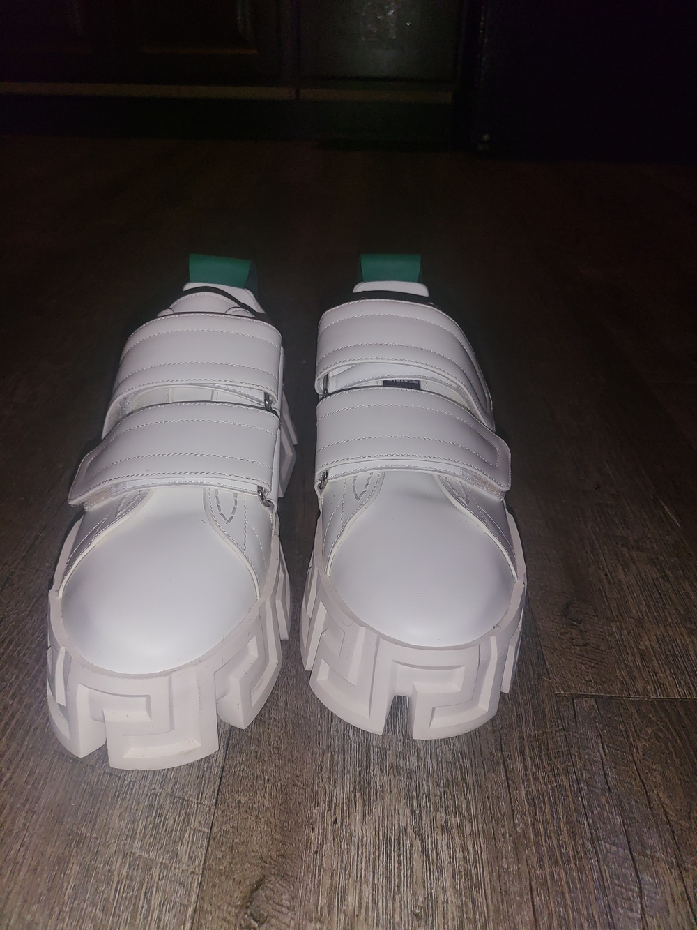 Versace White Chunky Platform Velcro Sneakers with Green Heel Tabs